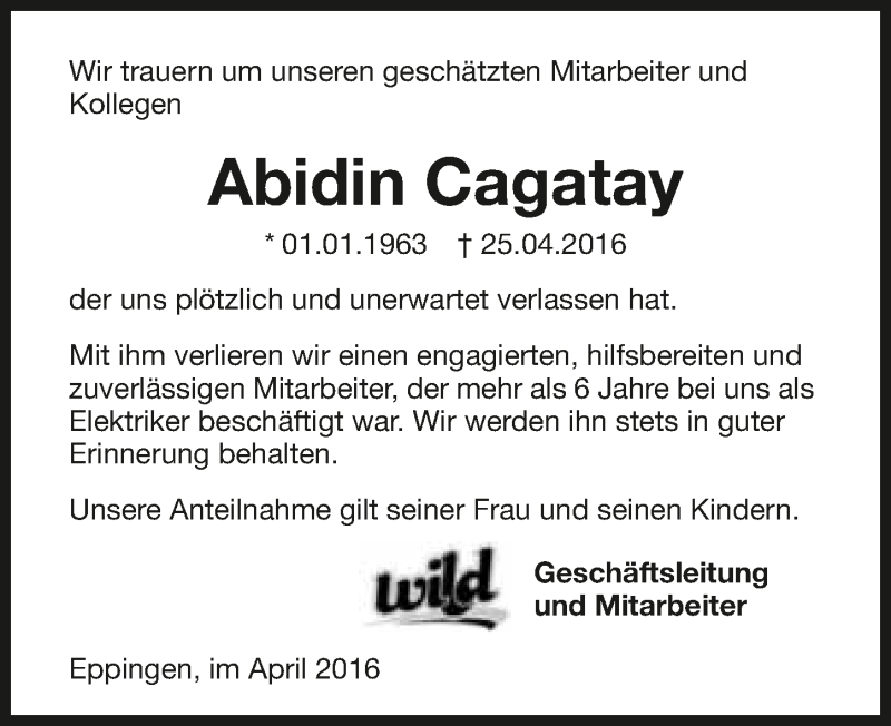 Traueranzeige für Abidin Cagatay vom 30.04.2016 aus 