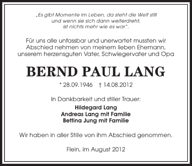  Traueranzeige für Bernd Paul Lang vom 21.08.2012 aus 