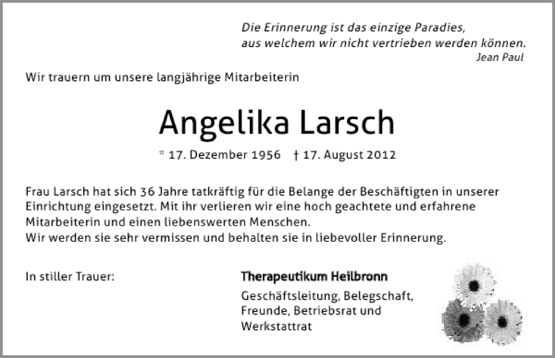 Traueranzeige für Angelika Larsch vom 22.08.2012 aus 