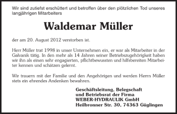 Traueranzeige von Waldemar Müller 