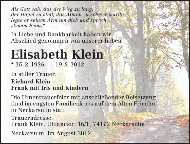  Traueranzeige für Elisabeth Klein vom 25.08.2012 aus 