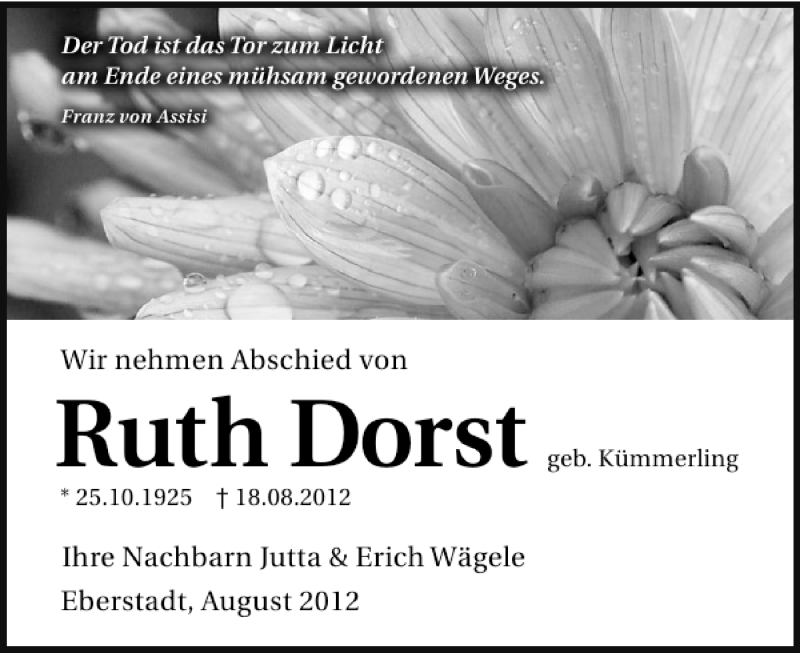  Traueranzeige für Ruth Dorst vom 25.08.2012 aus 