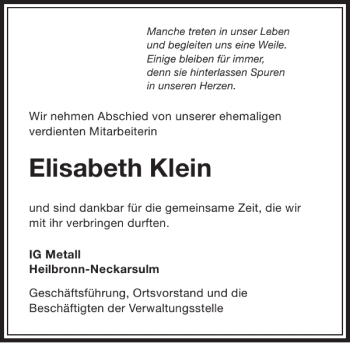 Traueranzeige von Elisabeth Klein 