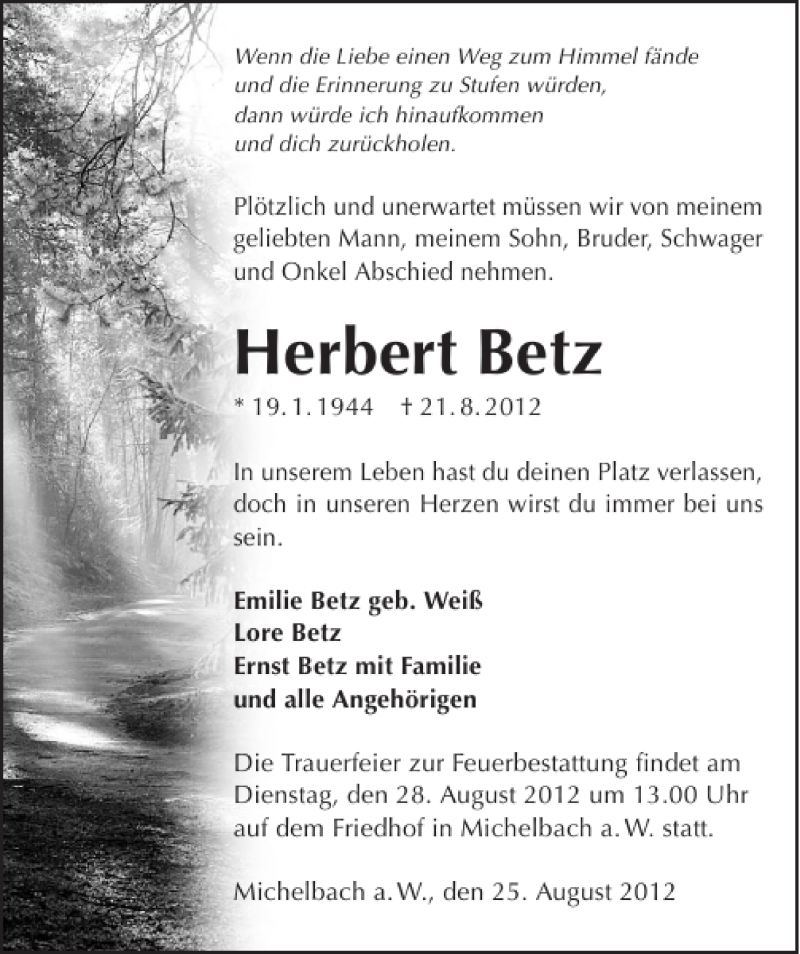  Traueranzeige für Herbert Betz vom 25.08.2012 aus 