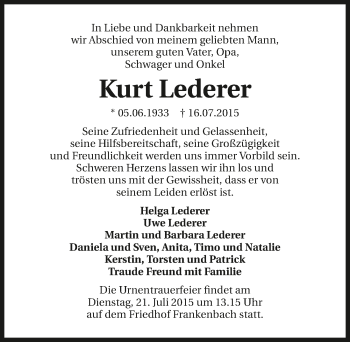 Traueranzeige von Kurt Lederer 