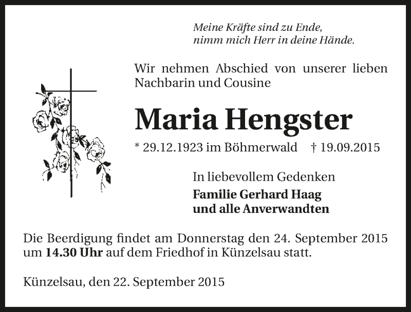  Traueranzeige für Maria Hengster vom 22.09.2015 aus 