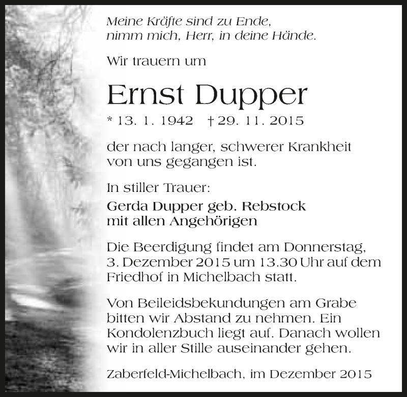  Traueranzeige für Ernst Dupper vom 01.12.2015 aus 