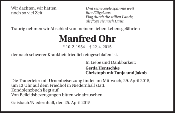 Traueranzeige von Manfred Ohr 