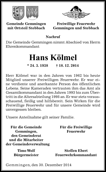 Traueranzeige von Hans Kölmel 