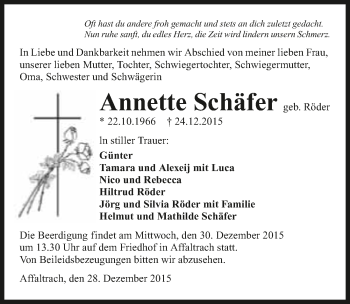 Traueranzeige von Annette Schäfer 