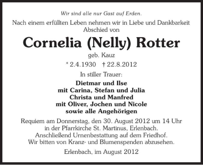  Traueranzeige für Cornelia Nelly Rotter vom 27.08.2012 aus 