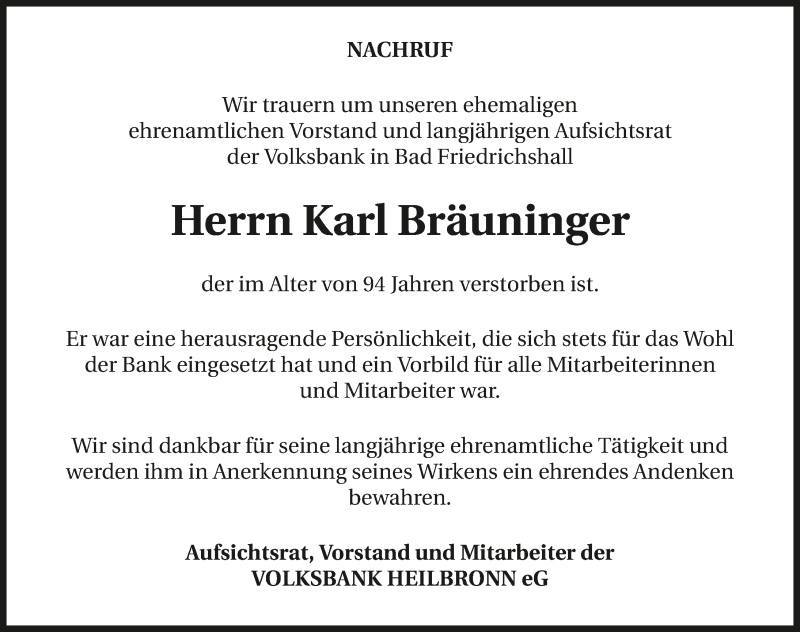  Traueranzeige für Karl Bräuninger vom 18.03.2016 aus 