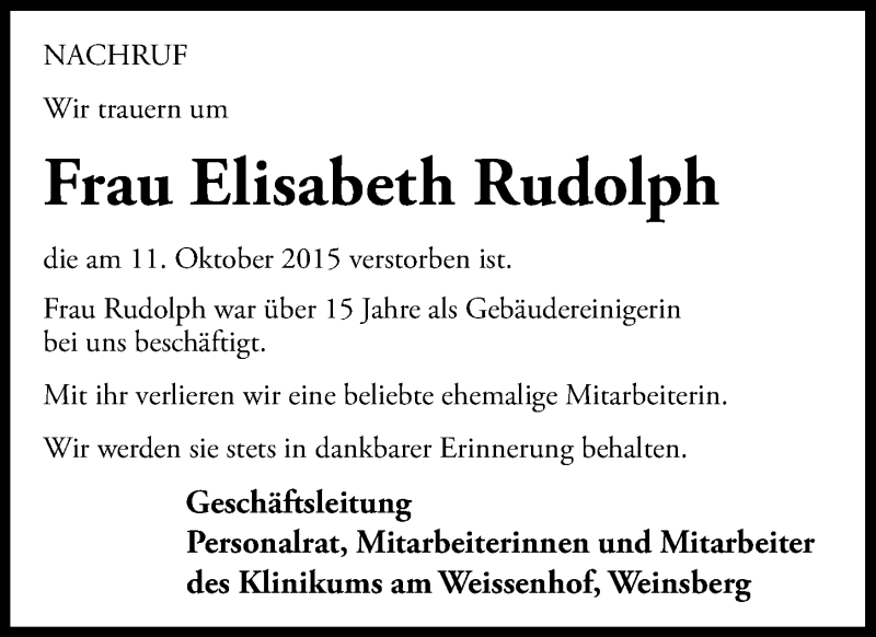  Traueranzeige für Elisabeth Rudolph vom 20.10.2015 aus 