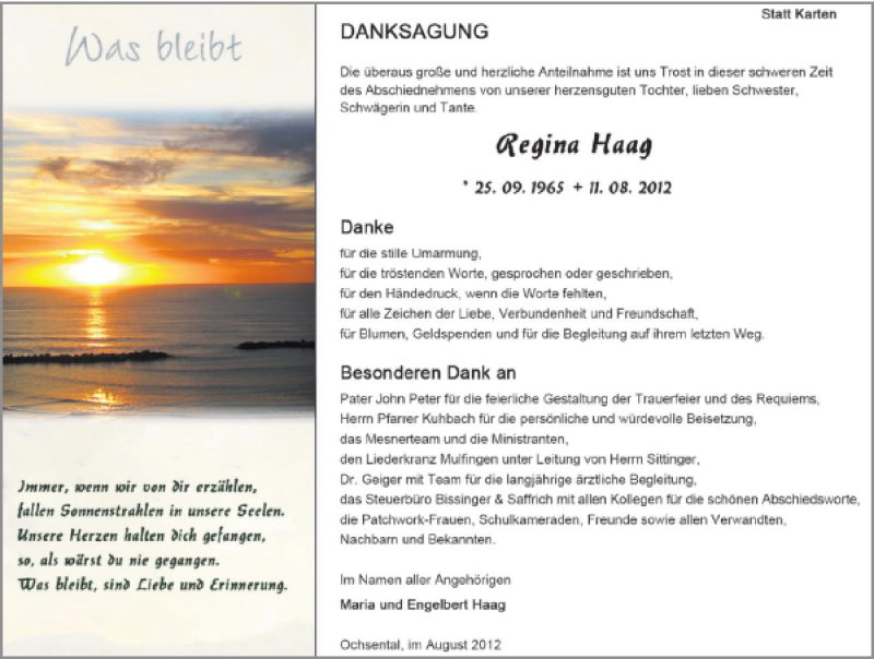  Traueranzeige für Regina Haag vom 31.08.2012 aus 