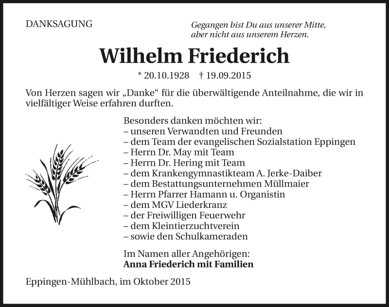  Traueranzeige für Wilhelm Friederich vom 02.10.2015 aus 