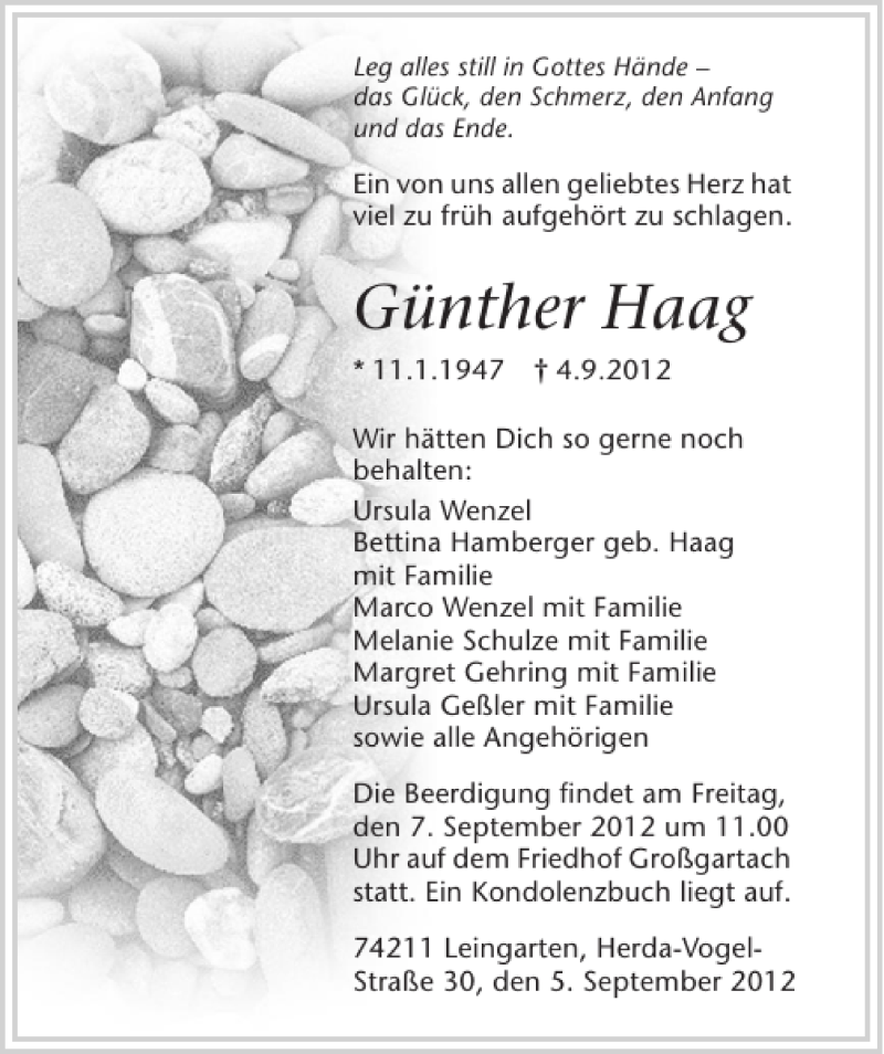  Traueranzeige für Günther Haag vom 05.09.2012 aus 