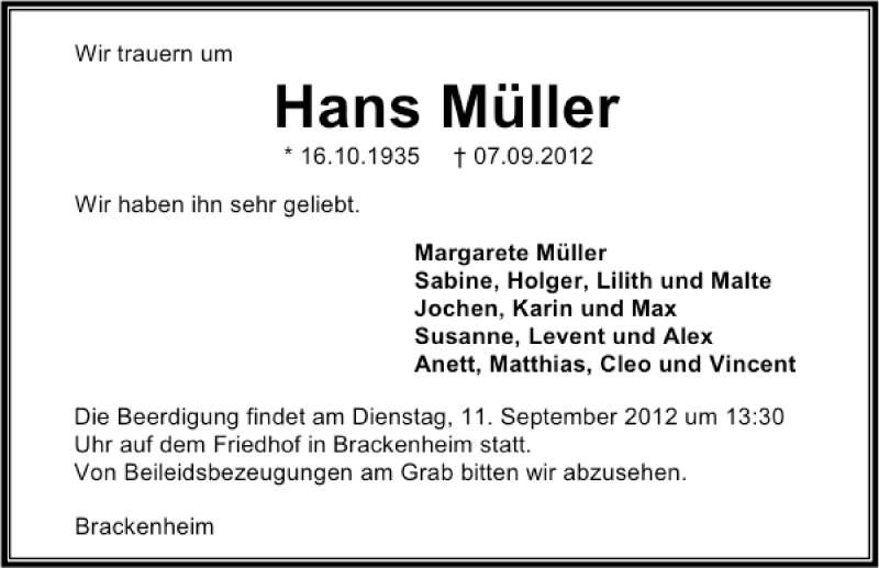  Traueranzeige für Hans Müller vom 08.09.2012 aus 