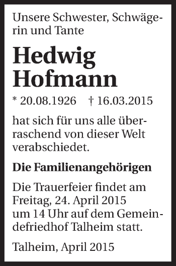 Traueranzeige von Hedwig Hofmann 