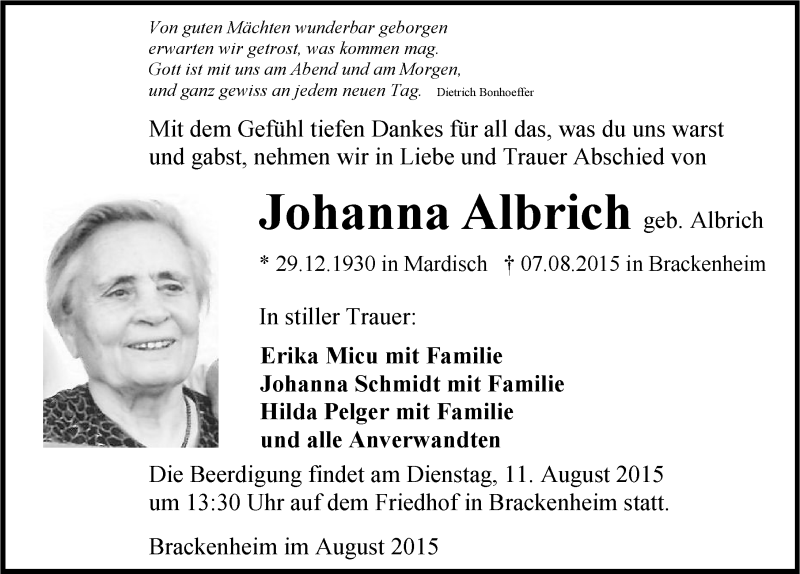  Traueranzeige für Johanna Albrich vom 10.08.2015 aus 