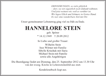 Traueranzeige von Hannelore Stein 