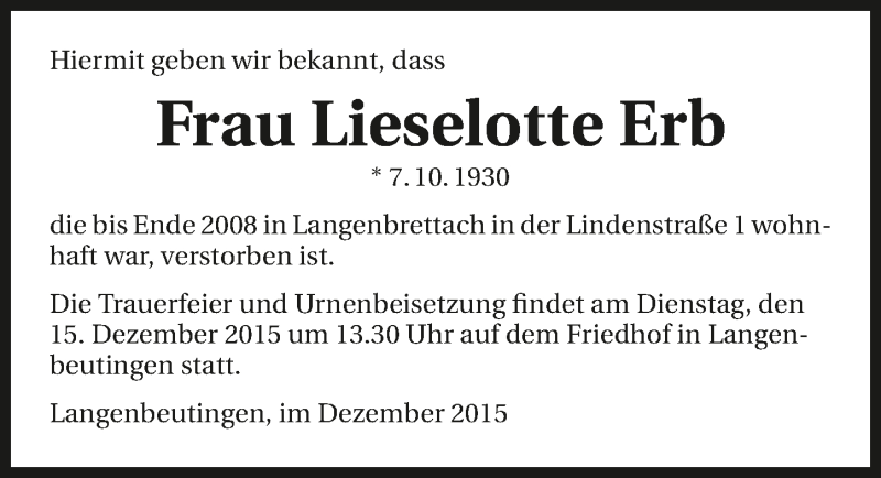  Traueranzeige für Lieselotte Erb vom 12.12.2015 aus 