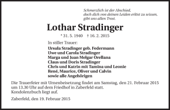 Traueranzeige von Lothar Stradinger 