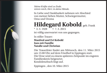 Traueranzeige von Hildegard Kobold 