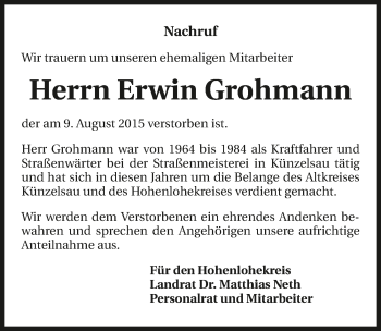 Traueranzeige von Erwin Grohmann 