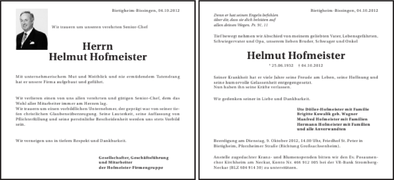 Traueranzeige für Helmut Hofmeister Helmut Hofmeister vom 06.10.2012 aus 