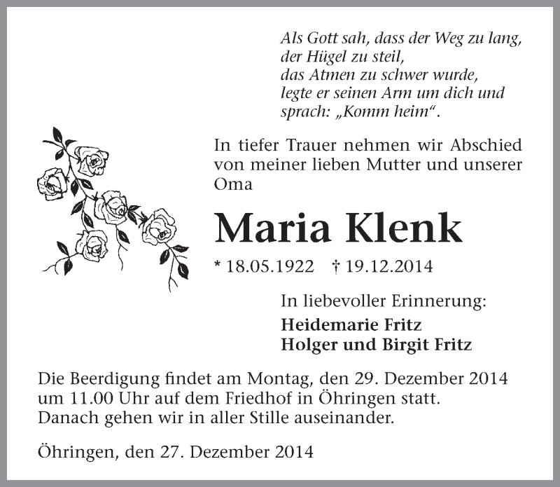  Traueranzeige für Maria Klenk vom 27.12.2014 aus 