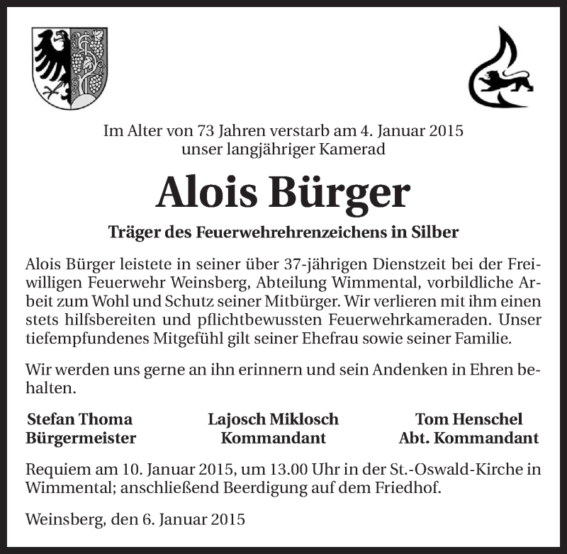  Traueranzeige für Alois Bürger vom 08.01.2015 aus 