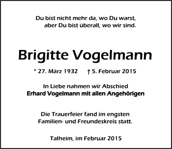 Traueranzeige von Brigitte Vogelmann 