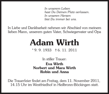 Traueranzeige von Adam Wirth 