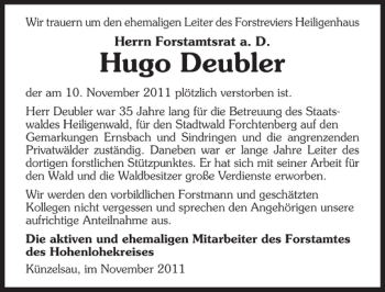 Traueranzeige von Hugo Deubler 