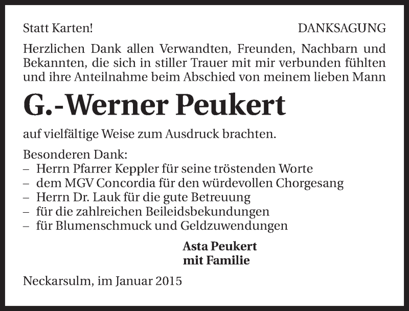  Traueranzeige für Werner Peukert vom 17.01.2015 aus 