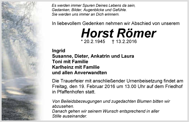  Traueranzeige für Horst Römer vom 16.02.2016 aus 