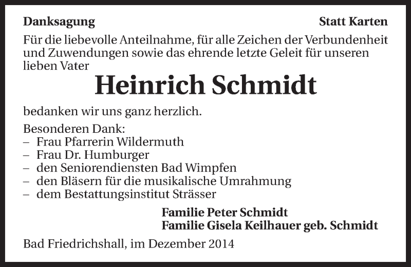  Traueranzeige für Heinrich Schmidt vom 31.12.2014 aus 