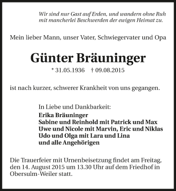 Traueranzeige von Günter Bräuninger 