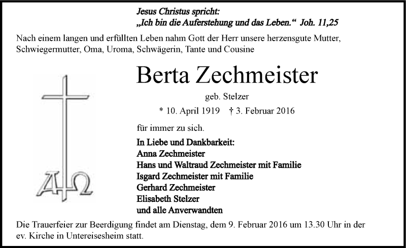  Traueranzeige für Berta Zechmeister vom 06.02.2016 aus 