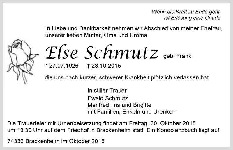  Traueranzeige für Elsa Schmutz vom 27.10.2015 aus 