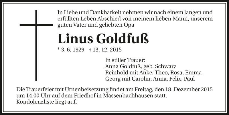  Traueranzeige für Linus Goldfuß vom 16.12.2015 aus 