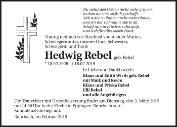 Traueranzeige von Hedwig Rebel 