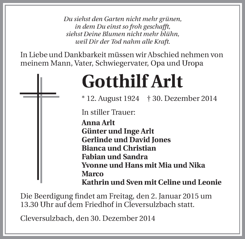  Traueranzeige für Gotthilf Arlt vom 31.12.2014 aus 
