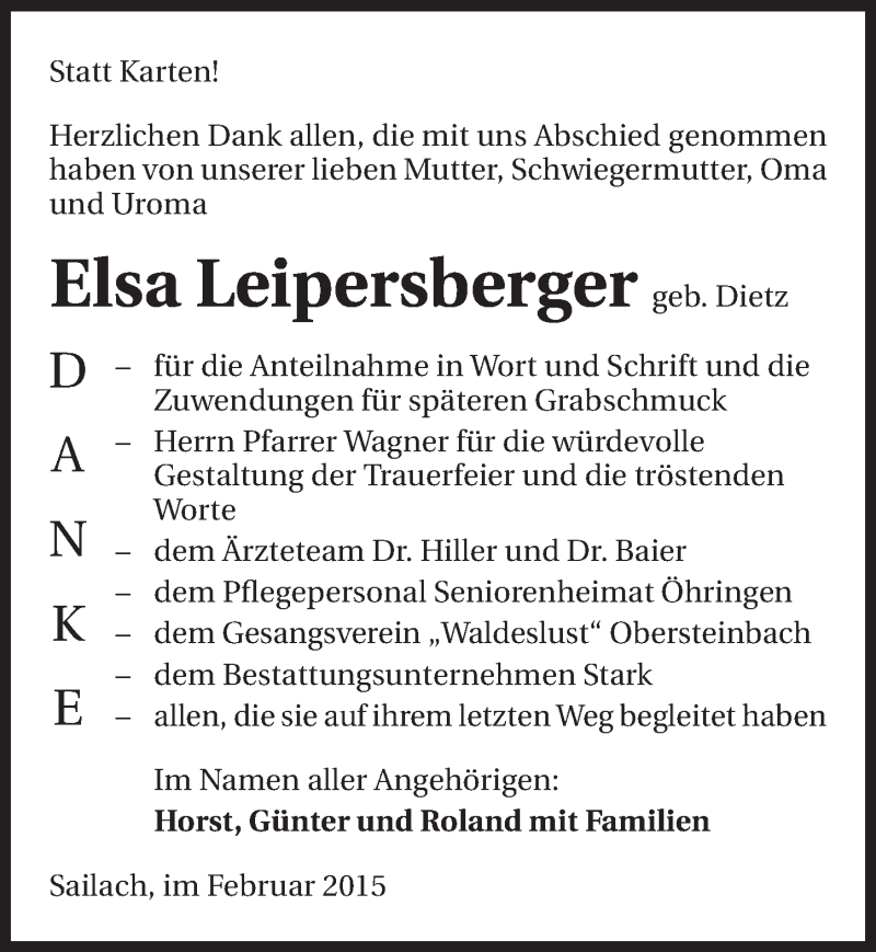  Traueranzeige für Elsa Leipersberger vom 16.02.2015 aus 