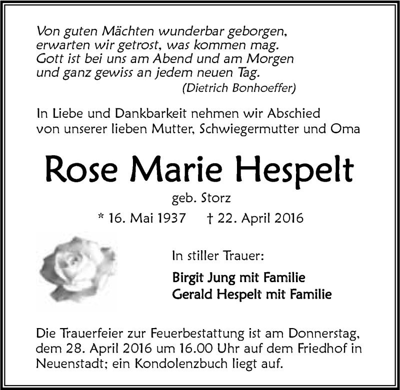  Traueranzeige für Rose Marie Hespelt vom 26.04.2016 aus 