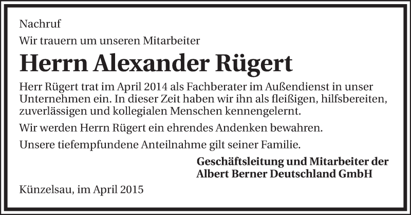  Traueranzeige für Alexander Rügert vom 15.04.2015 aus 