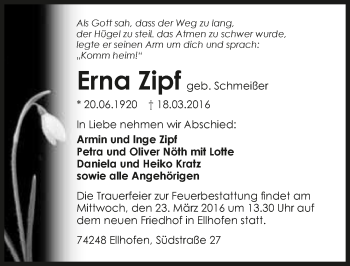 Traueranzeige von Erna Zipf 