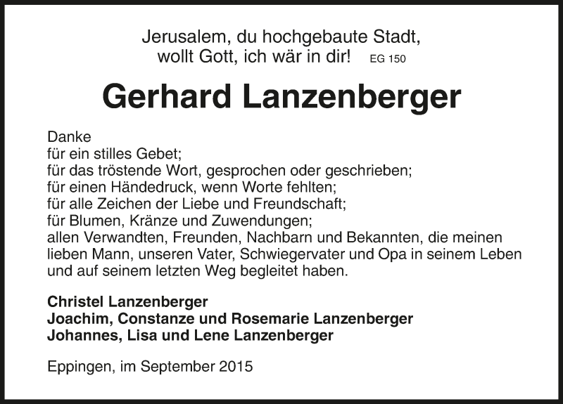  Traueranzeige für Gerhard Lanzenberger vom 04.09.2015 aus 