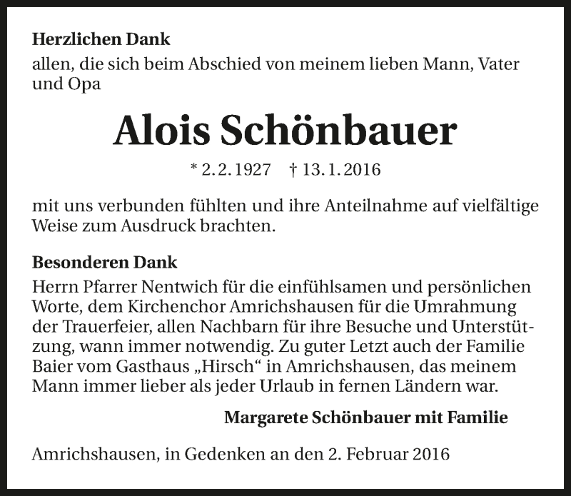  Traueranzeige für Alois Schönbauer vom 05.02.2016 aus 