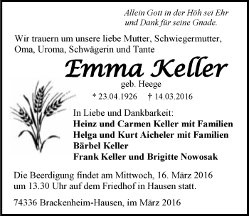 Traueranzeige von Emma Keller 